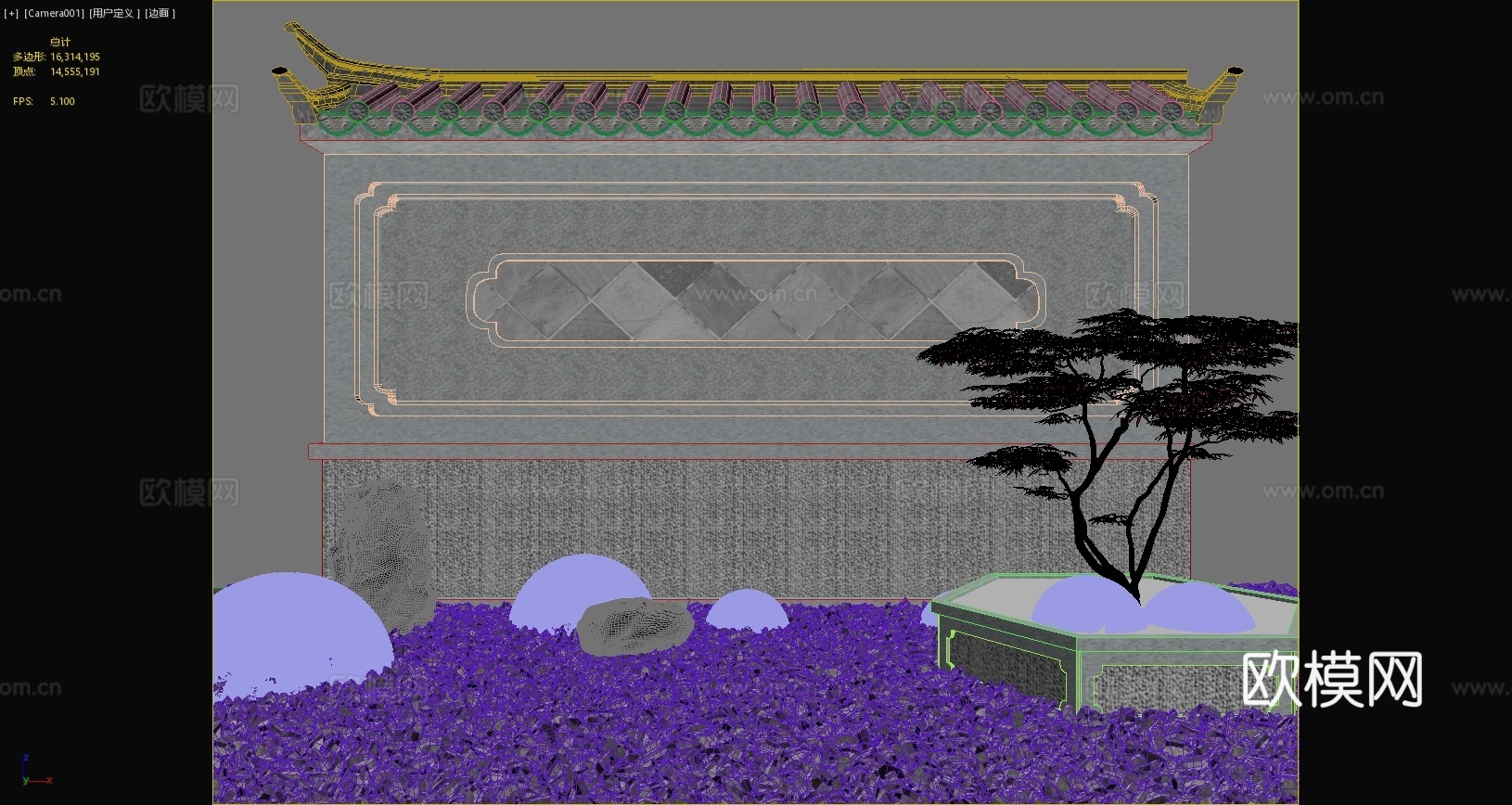 新中式庭院景观小品松树屋檐墙体石头苔藓鹅卵石3d模型