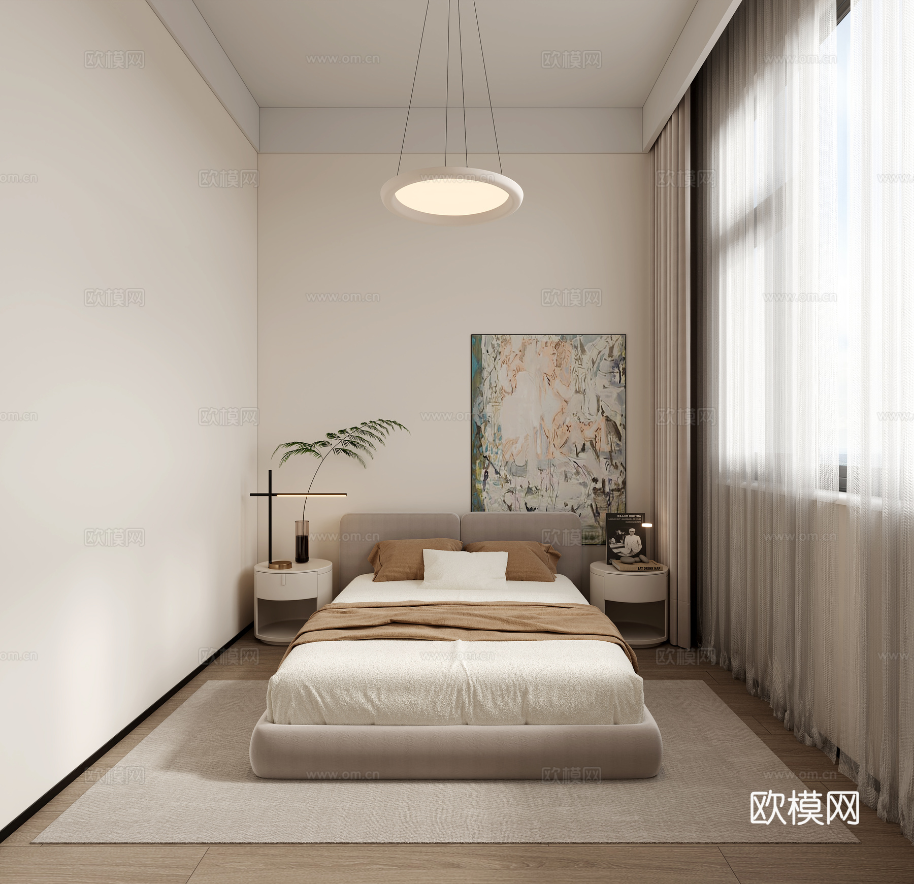 现代奶油原木次卧室3d模型
