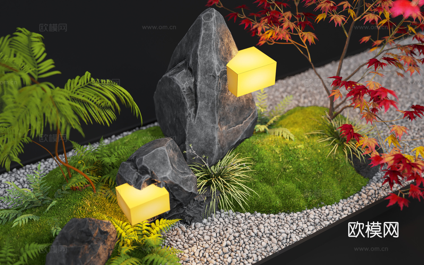 现代室内景观造景 苔藓景观 景观小品 景观石 景观灯su模型