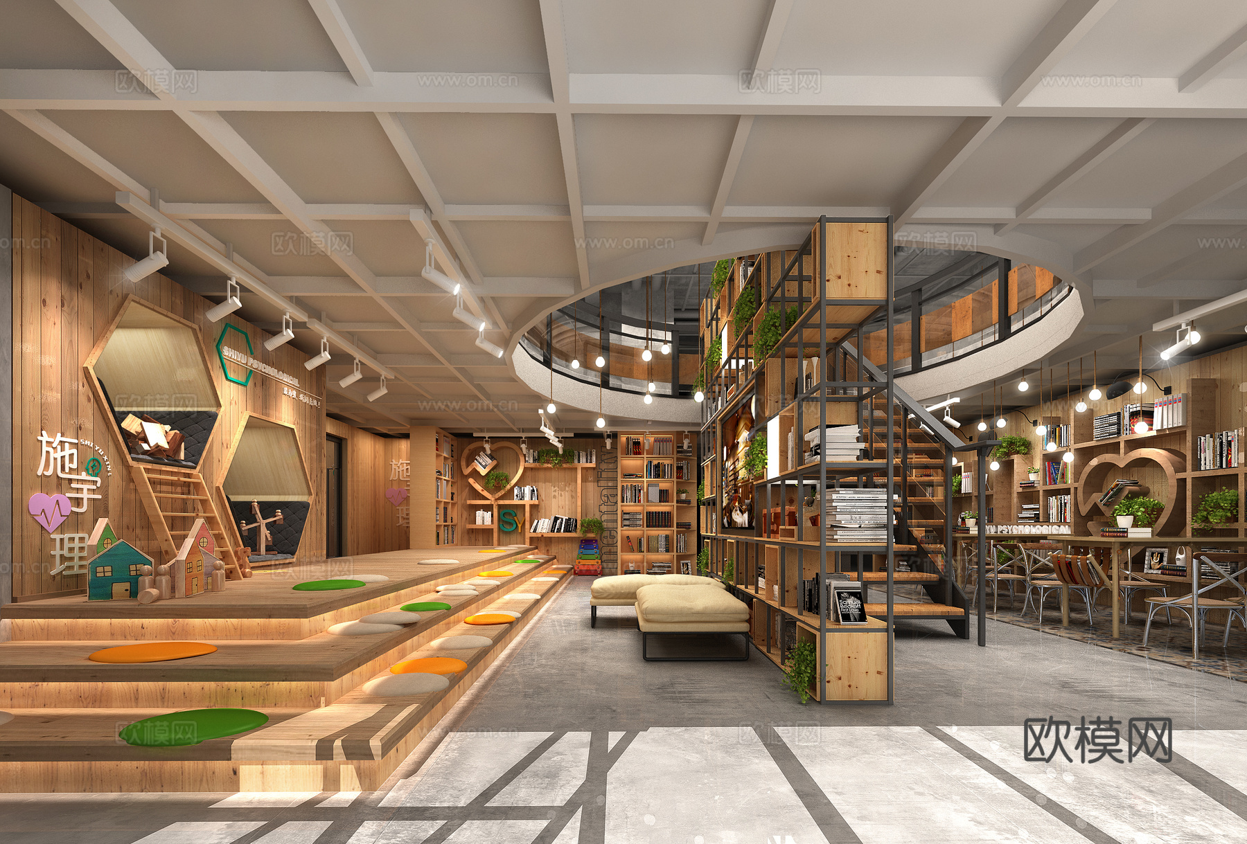 现代书店 楼梯 书架3d模型