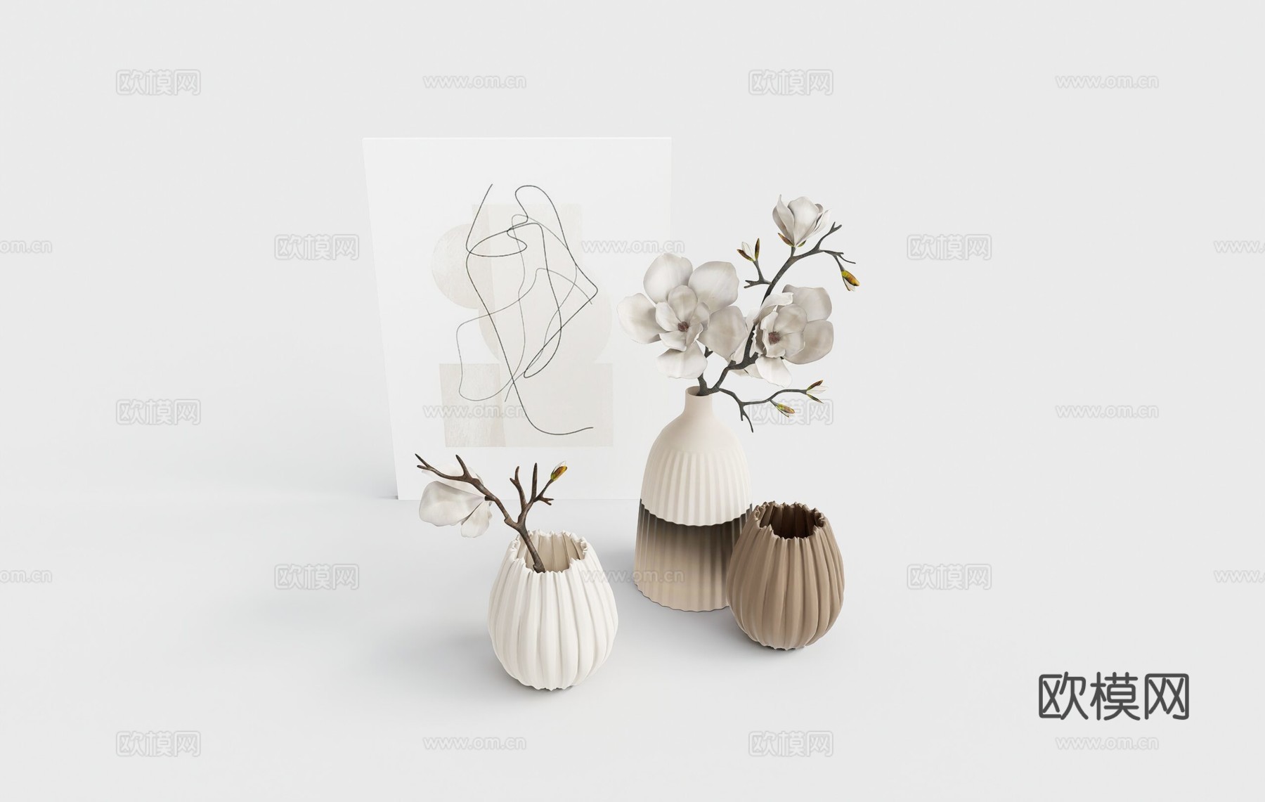 奶油侘寂风干花 花瓶 几何线型挂画su模型