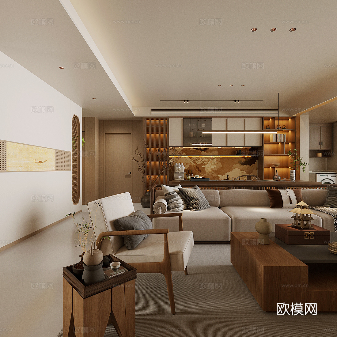 新中式禅意客餐厅 中式客餐厅 宋式美学客餐厅 沙发茶几组合su模型