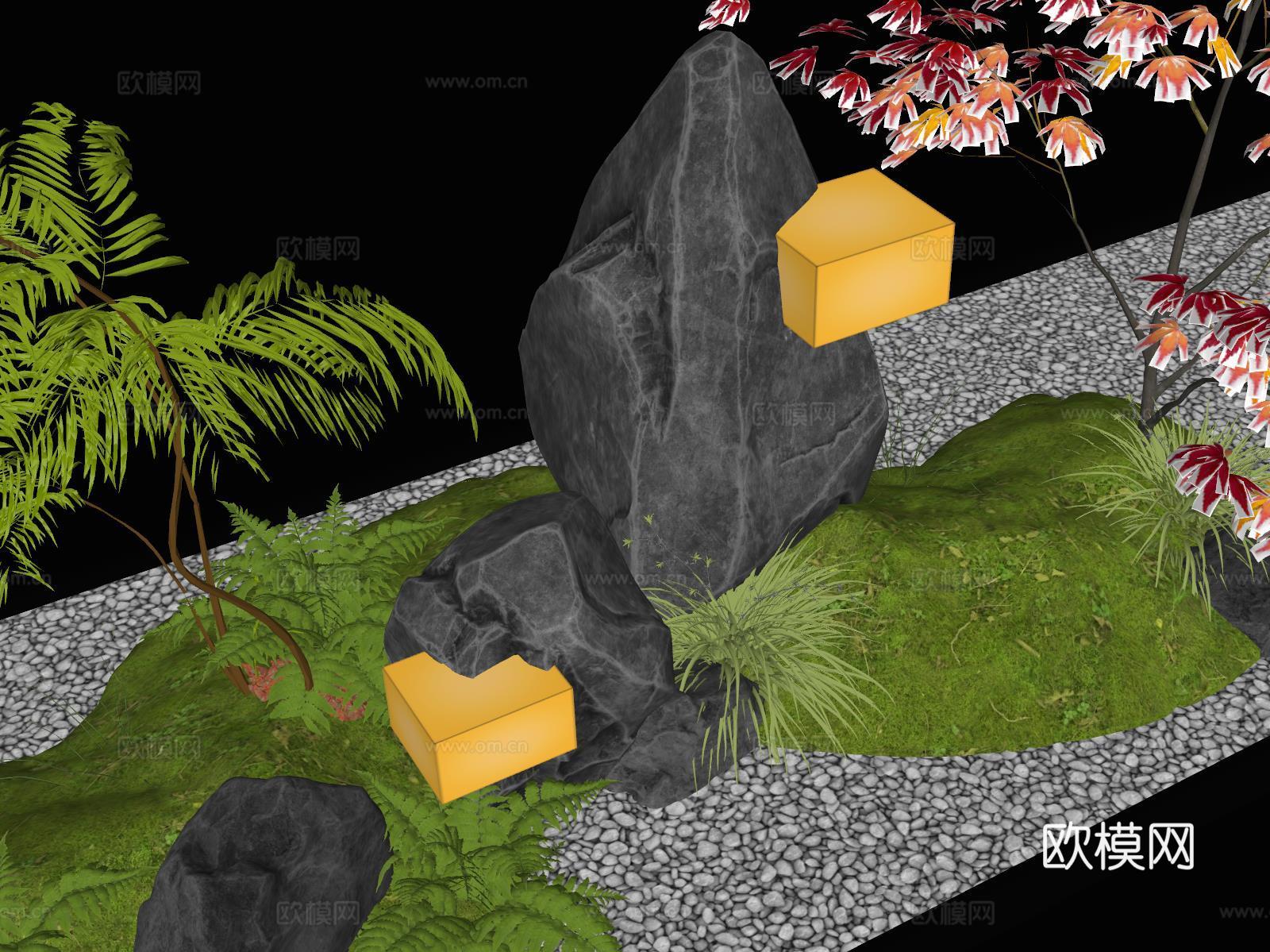 现代室内景观造景 苔藓景观 景观小品 景观石 景观灯su模型