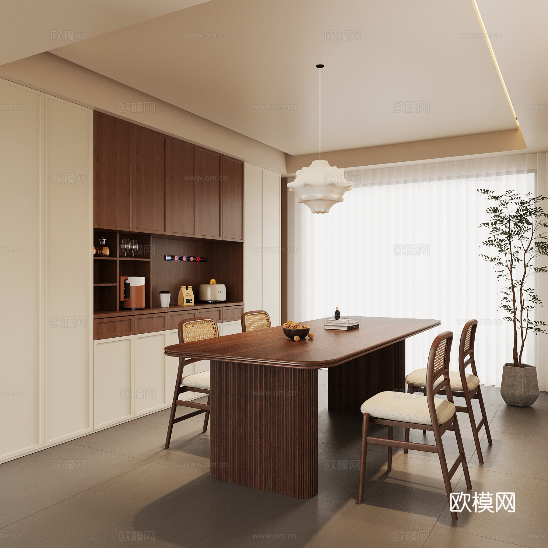现代中古风餐厅 餐桌椅 酒柜3d模型