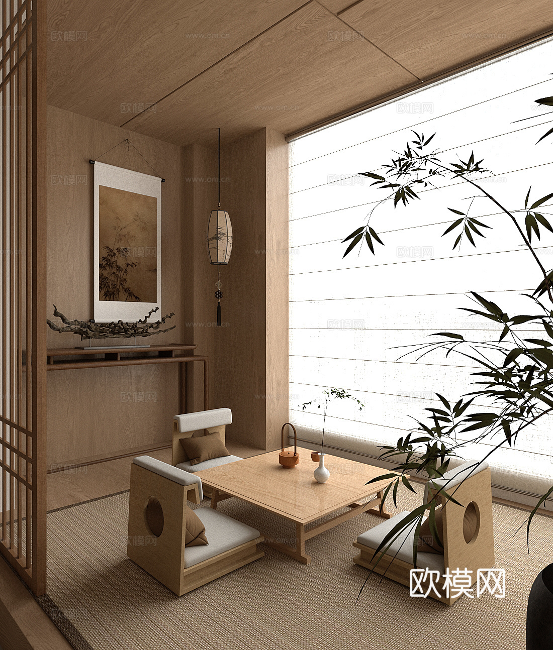 新中式茶室 榻榻米茶室 茶桌椅组合 条案端景台3d模型