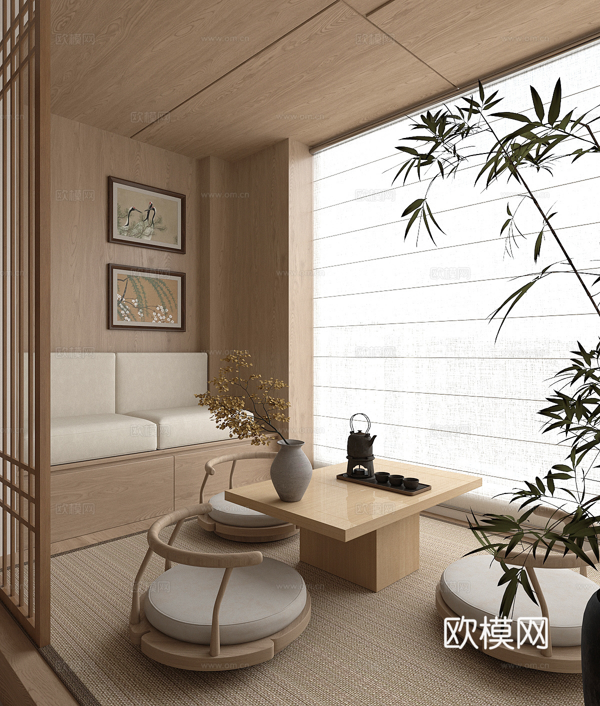 侘寂榻榻米茶室 新中式茶室 榻榻米茶桌椅 中式挂画3d模型