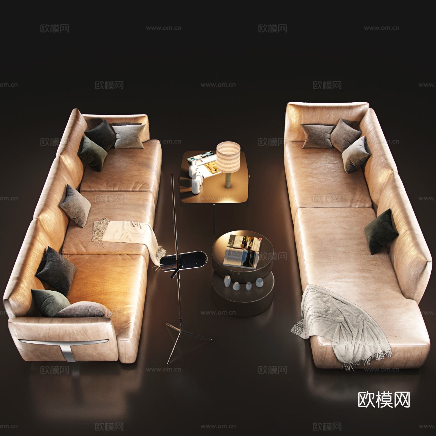 现代休闲皮革沙发 多人沙发 沙发茶几组合  抱枕su模型