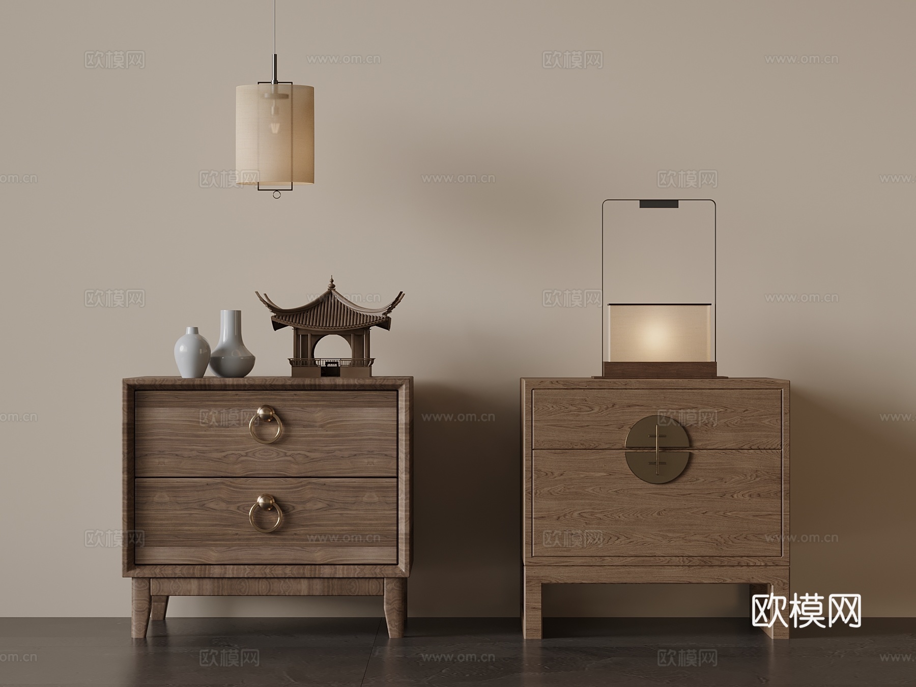 23新中式床头柜 台灯 吊灯3d模型
