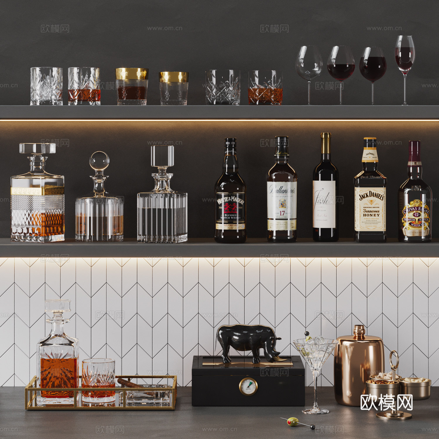 现代酒瓶酒杯组合 酒具 酒 酒水 酒瓶 洋酒 酒杯 红酒su模型