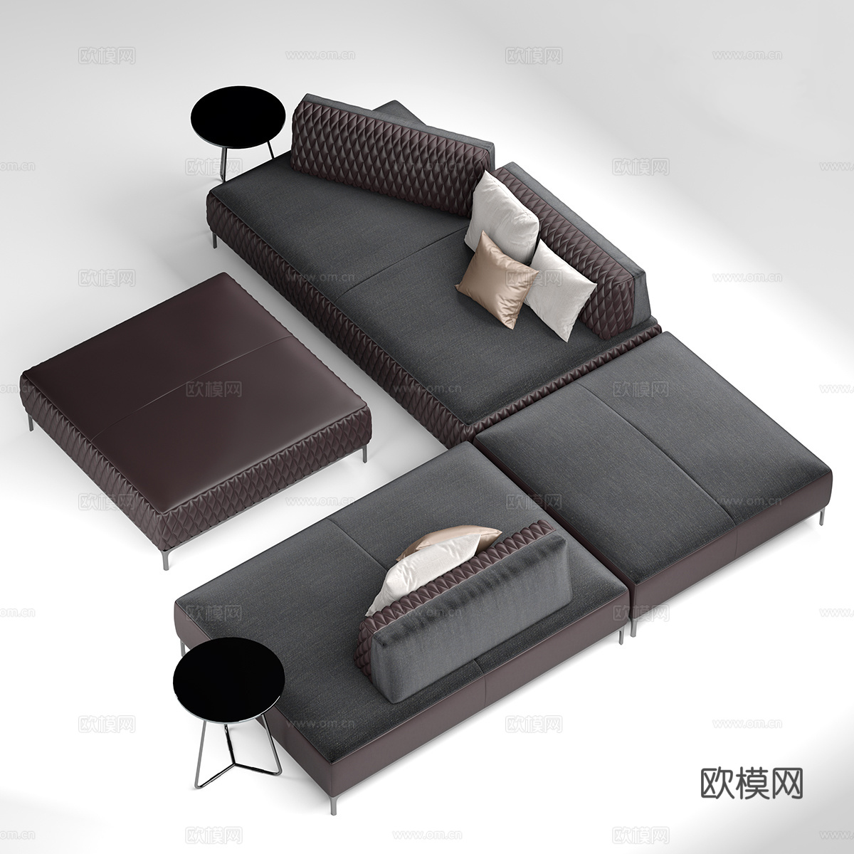 意式沙发茶几组合  皮革沙发 沙发抱枕su模型