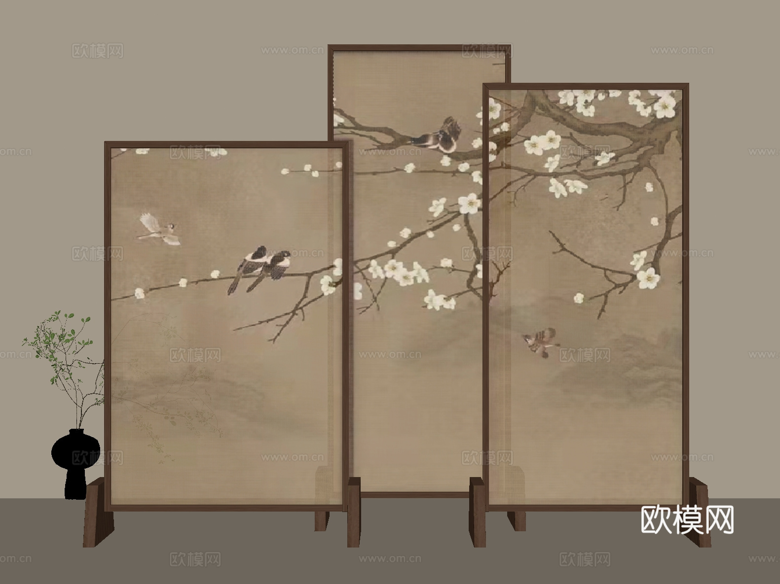 新中式 中古 屏风 木屏风su模型