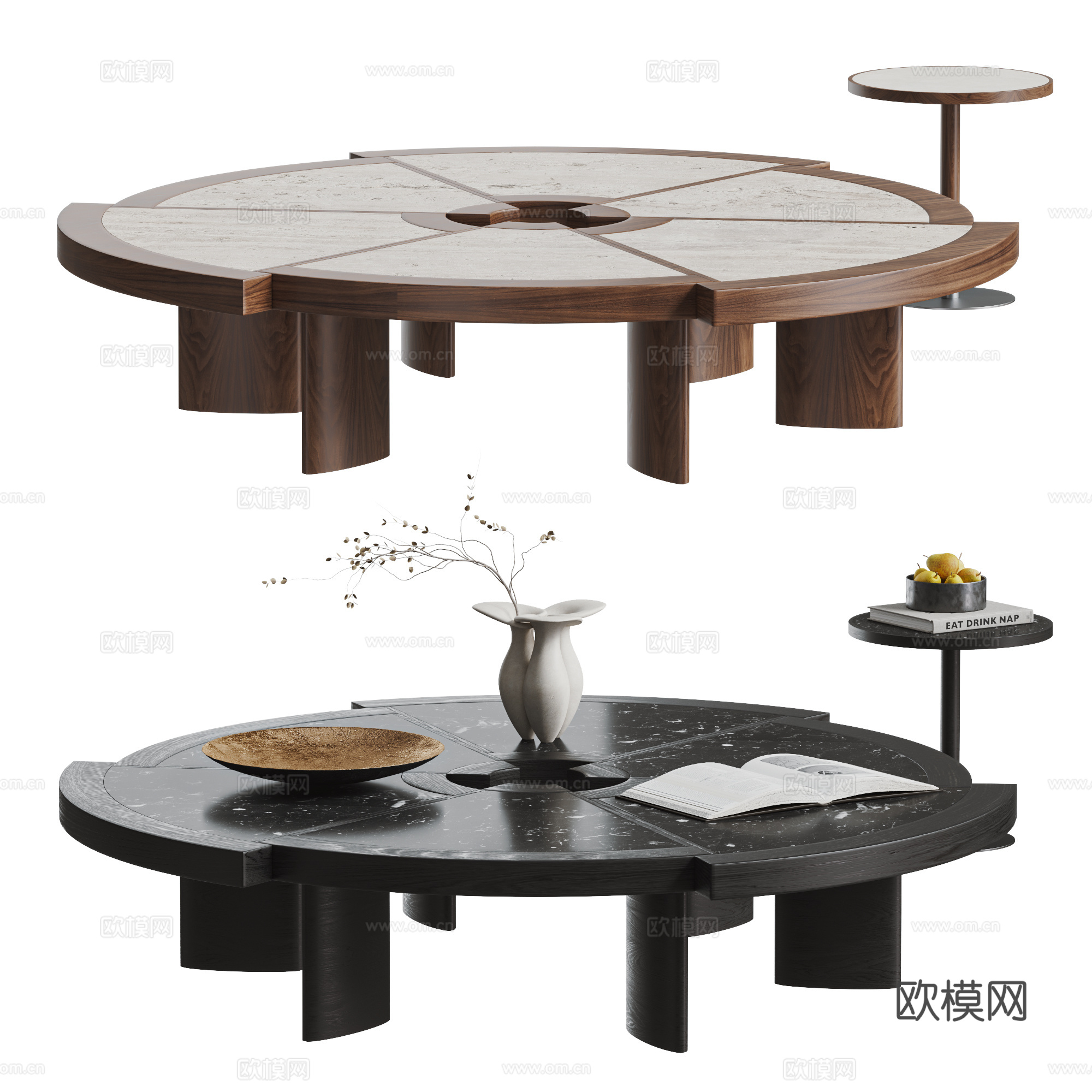 CASSINA 现代茶几组合 中古风茶几 圆形茶几 大理石su模型