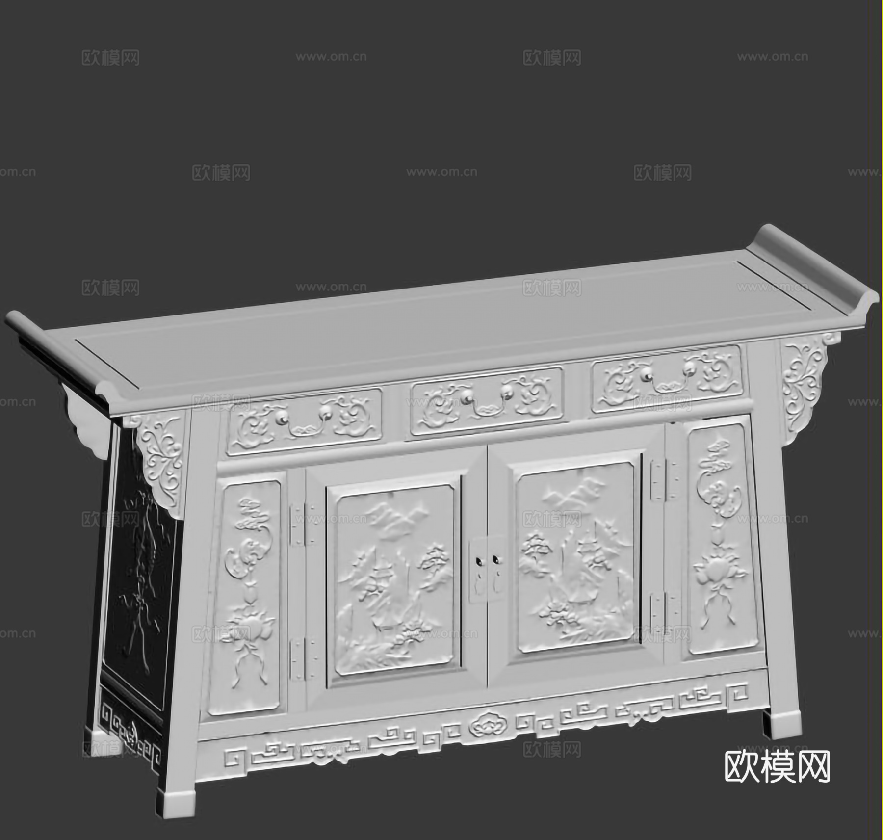 中式三联柜 供桌 玄关柜 雕花造型 实木红木3d模型