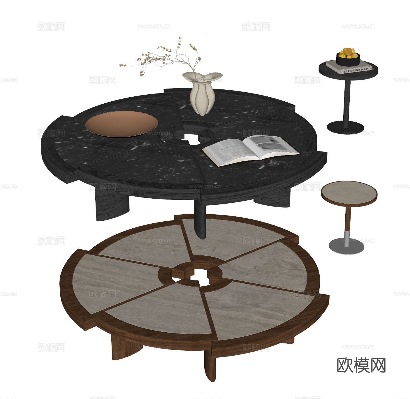 CASSINA 现代茶几组合 中古风茶几 圆形茶几 大理石su模型
