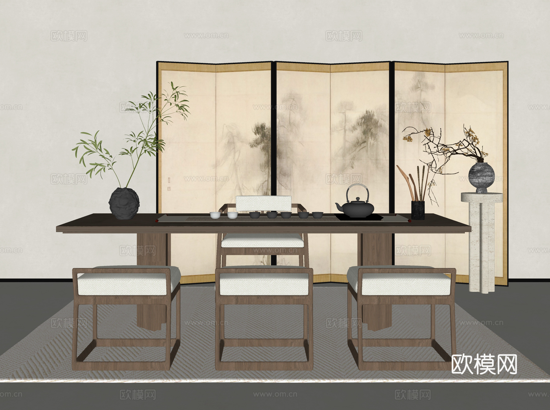 现代茶桌椅组合 屏风 茶具 植物 地毯su模型
