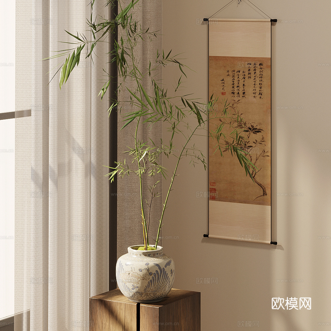 新中式花艺花瓶 花艺摆件 插花花艺 竹子绿植3d模型