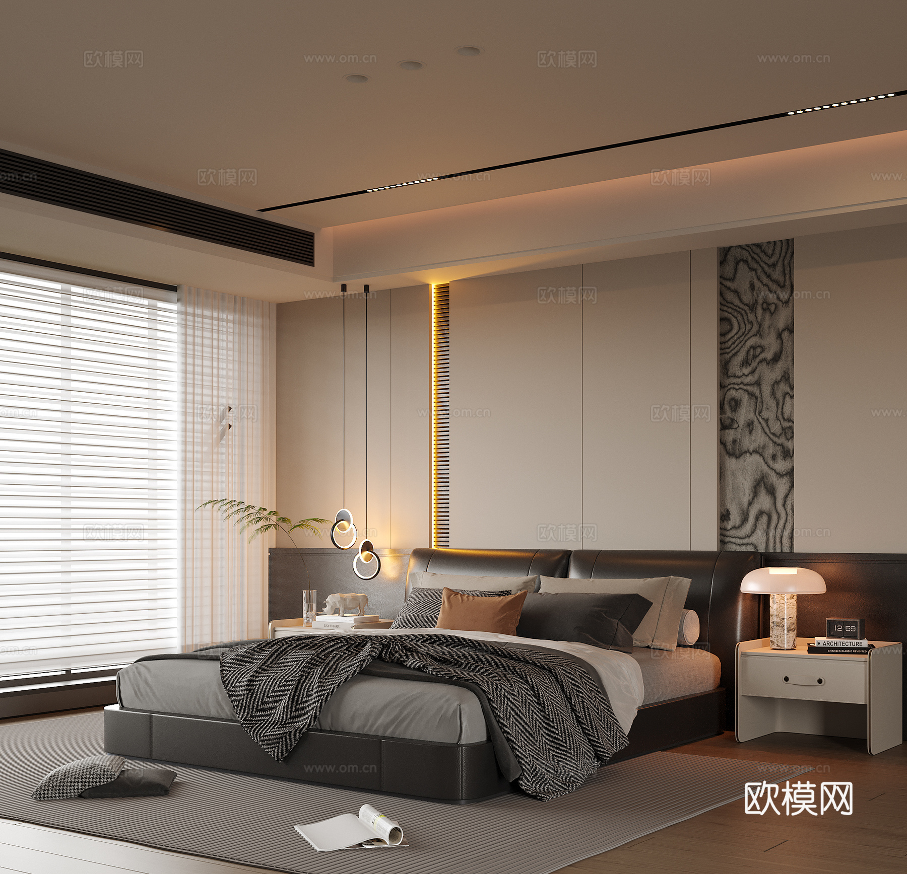 现代卧室 双人床 床头柜3d模型