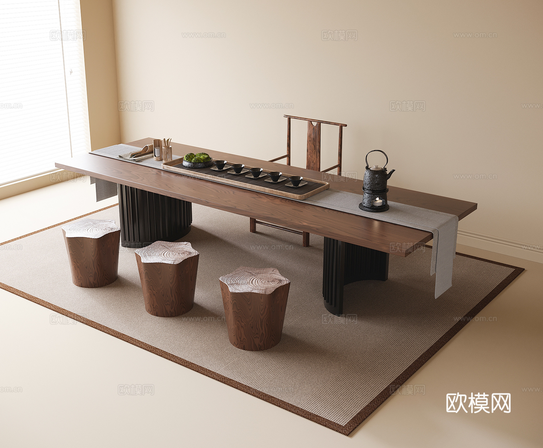 现代茶桌椅 茶桌 凳子 茶具su模型
