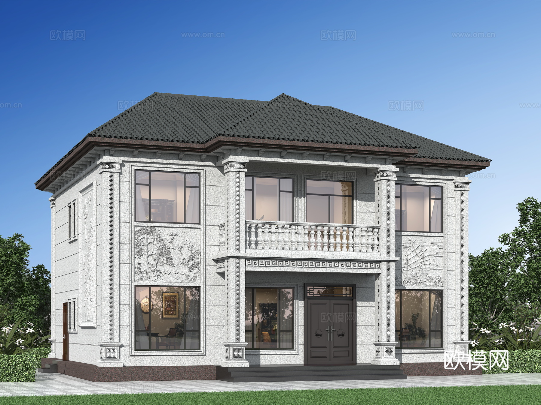 中式别墅 新中式别墅 二层自建房别墅su模型