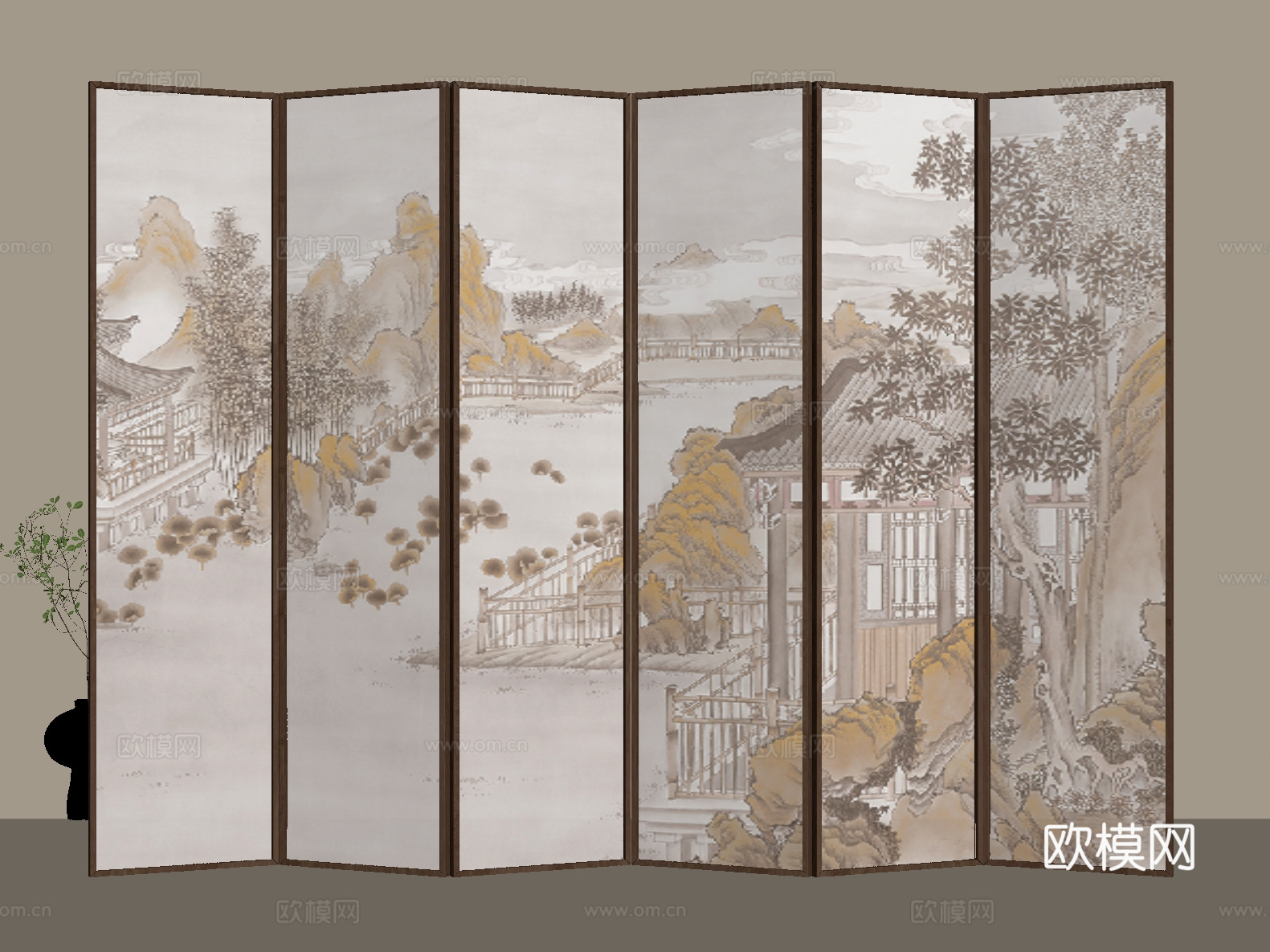 新中式 中古 屏风 木屏风 可折叠屏风su模型