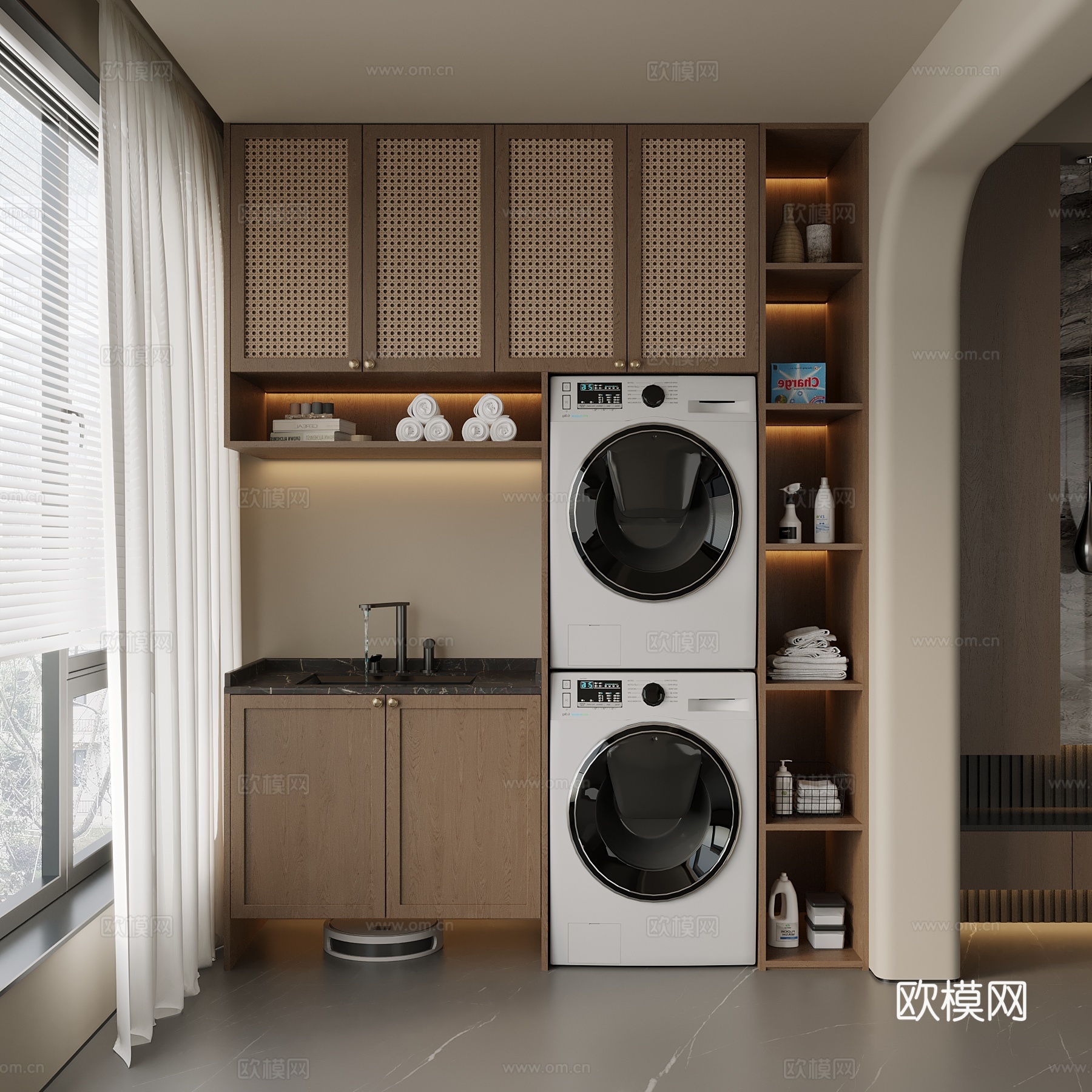 中古 新中式 洗衣机柜 阳台柜 储物柜 置物柜3d模型