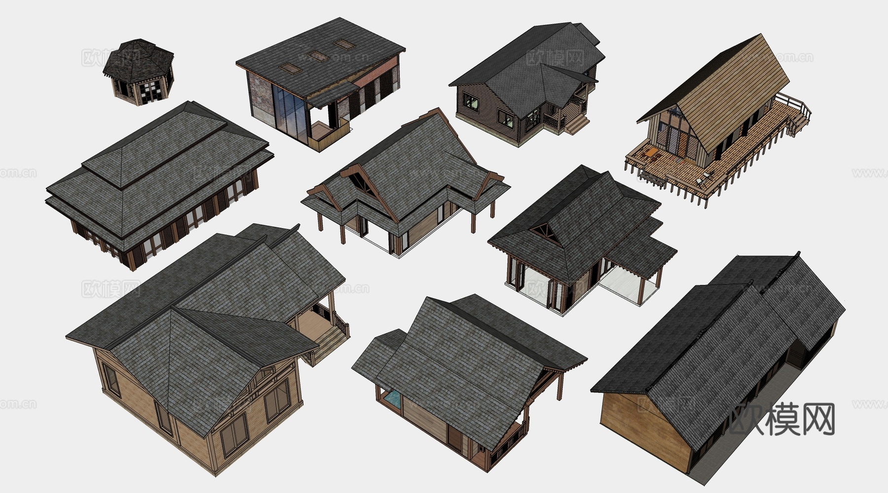 现代木屋建筑 景观建筑 茅草屋建筑 木屋民宿 木屋民宿su模型