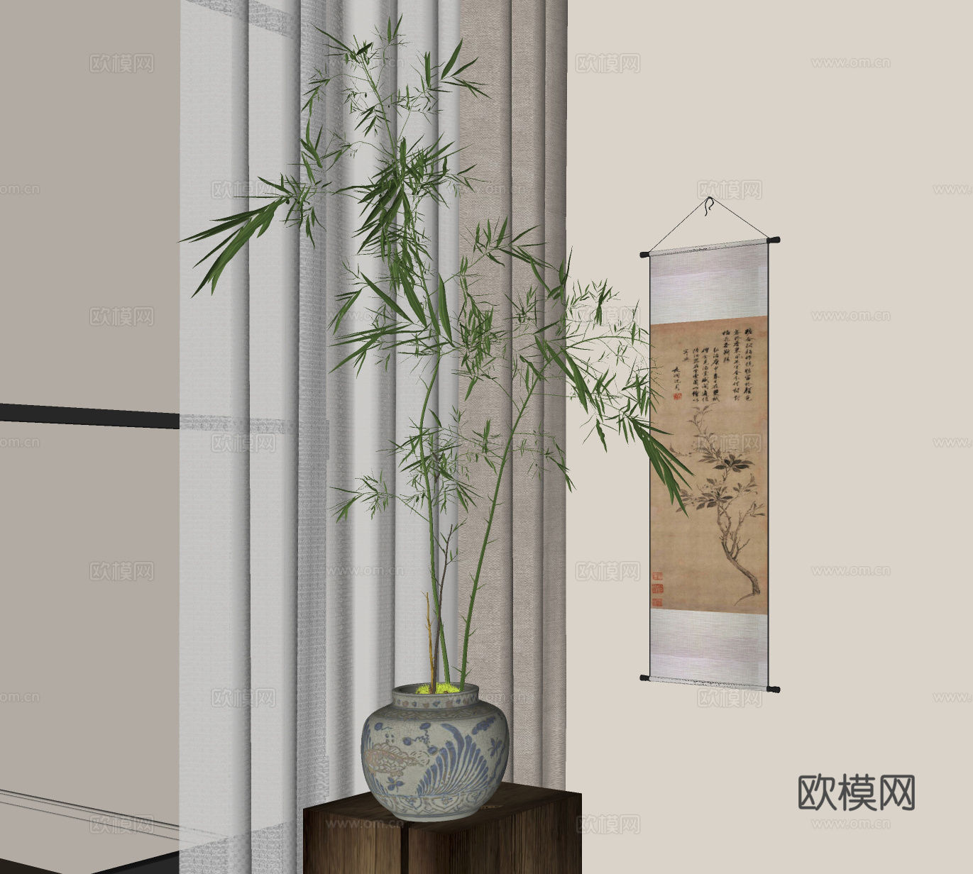 新中式花艺花瓶 花艺摆件 插花花艺 竹子绿植su模型