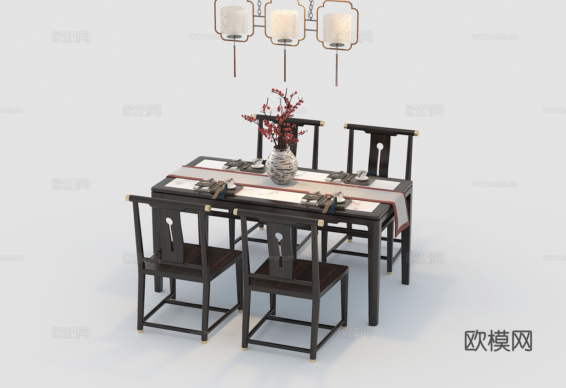 中式餐桌椅组合3d模型