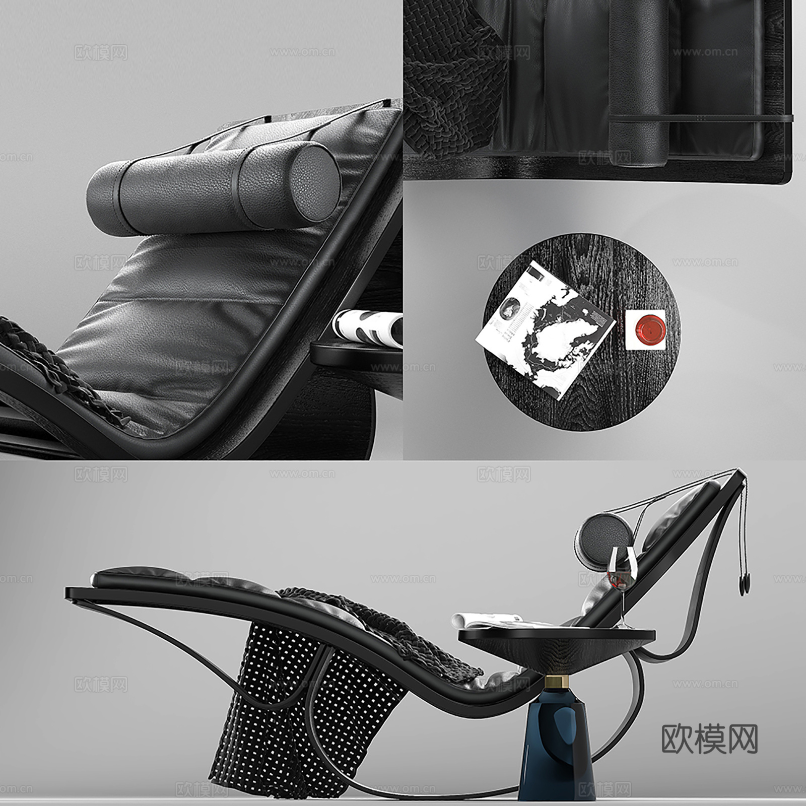 现代室内躺椅 椅子茶几组合  皮革躺椅su模型