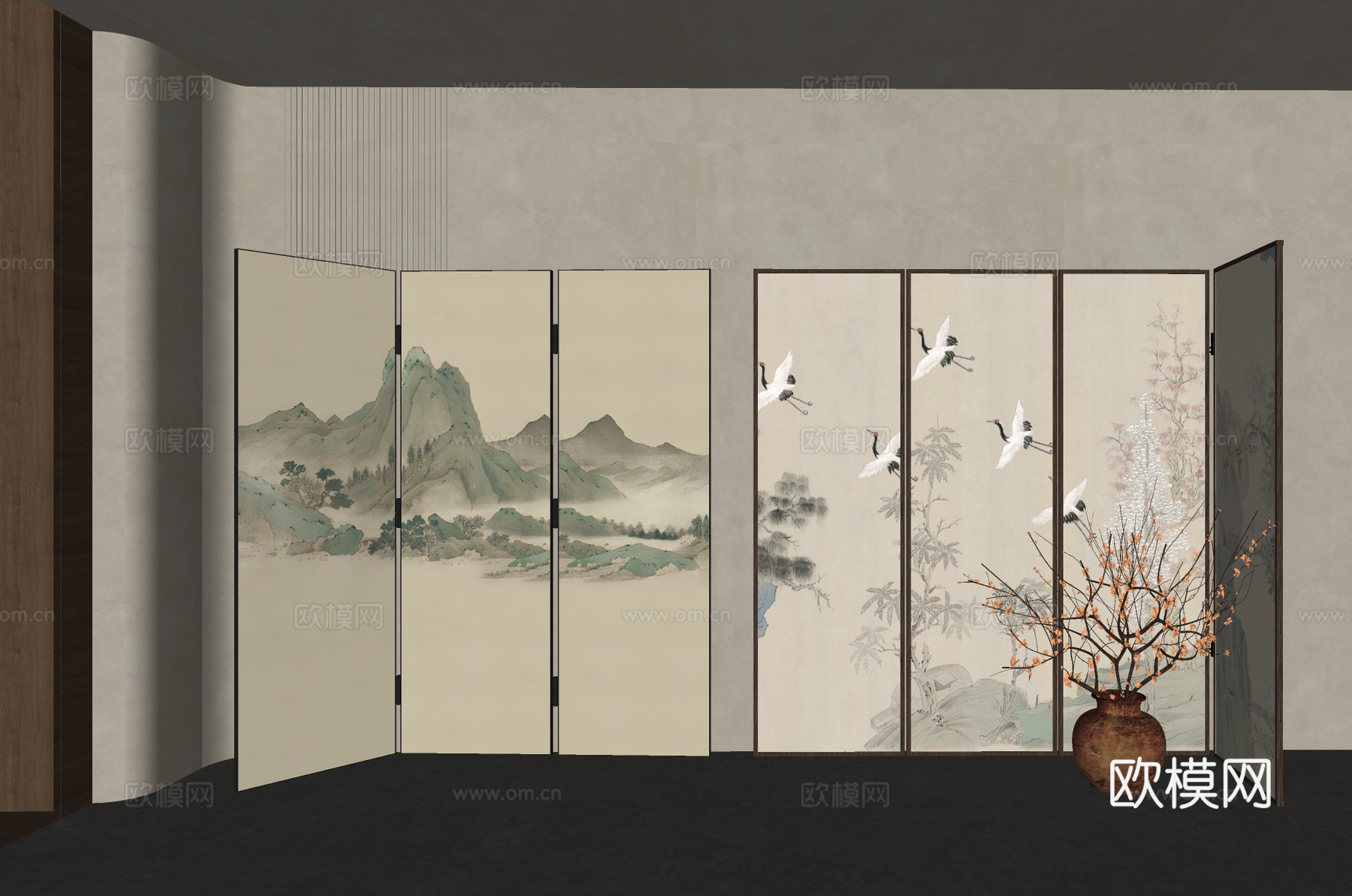 新中式屏风 折叠屏风 花艺摆件su模型