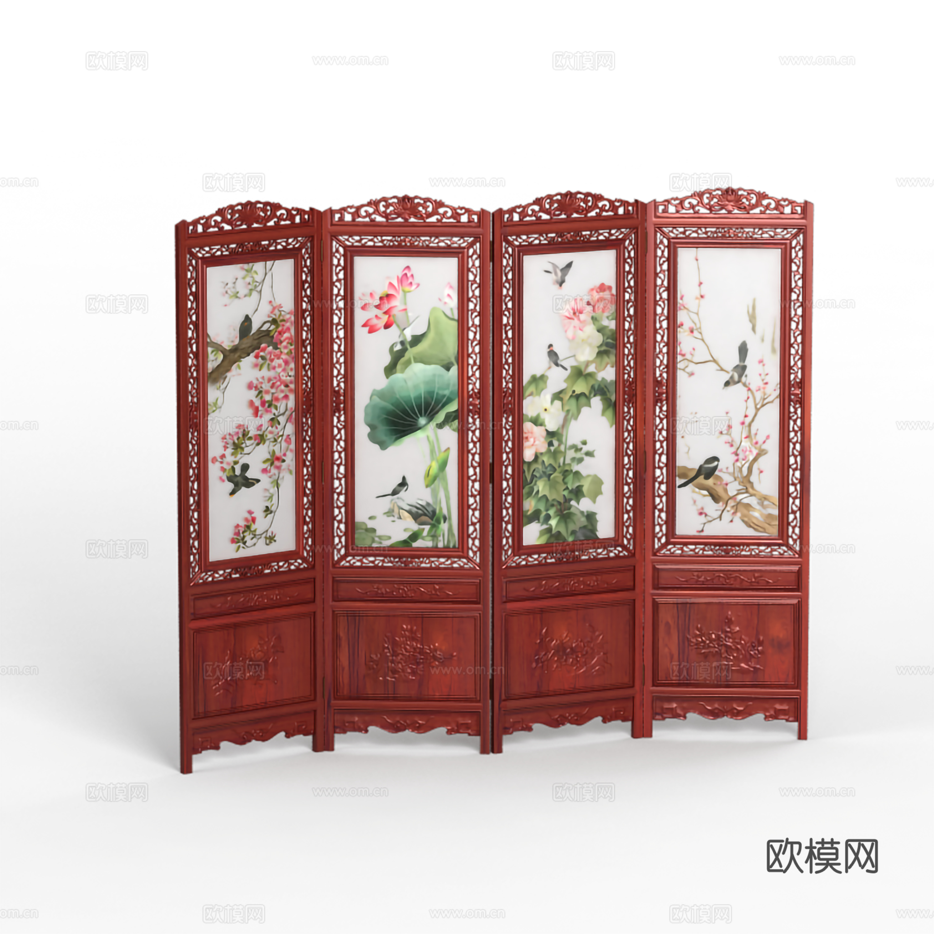 中式四扇屏风 折叠屏风 刺绣 雕花浮雕 实木红木3d模型