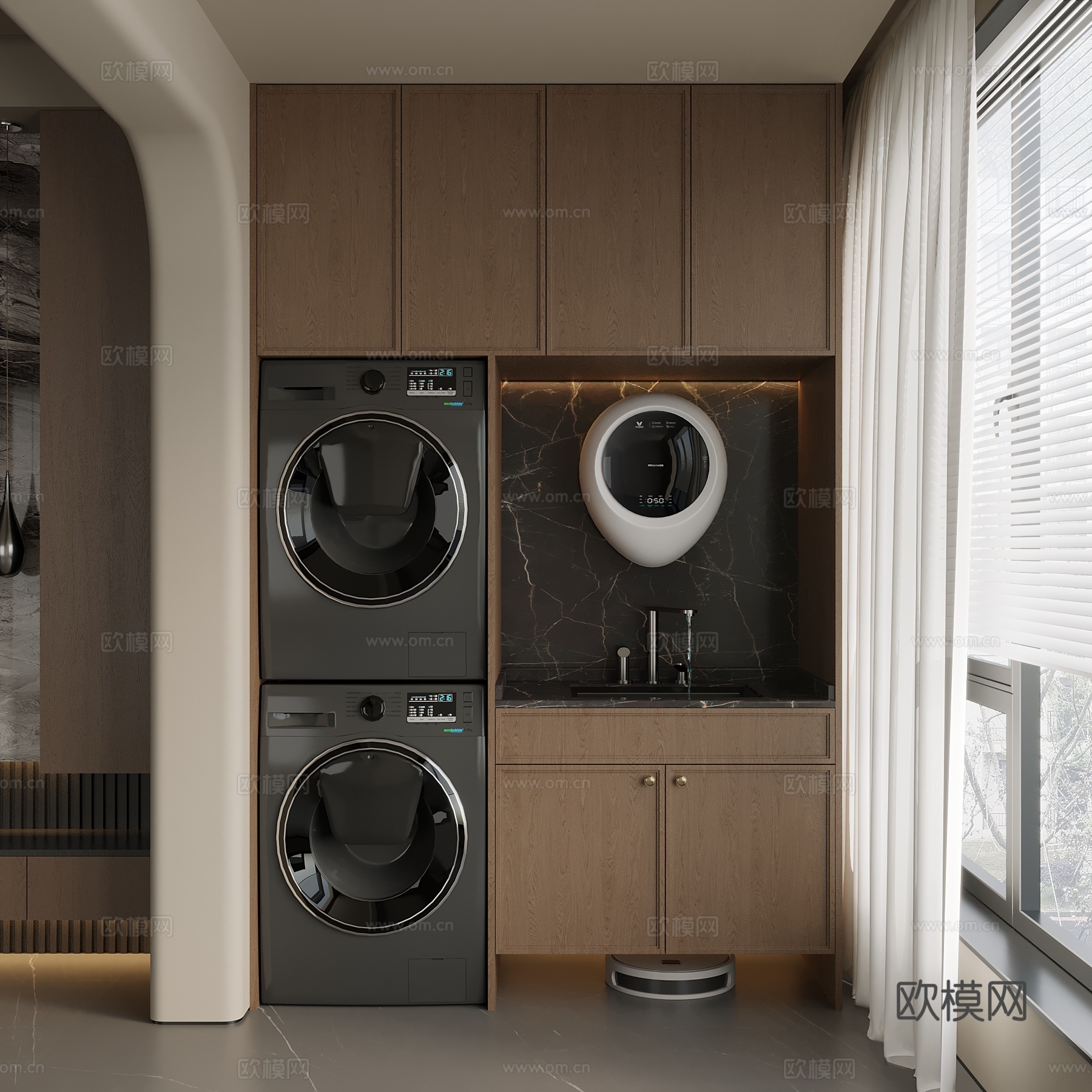 中古 新中式 洗衣机柜 阳台柜 置物柜 储物柜3d模型