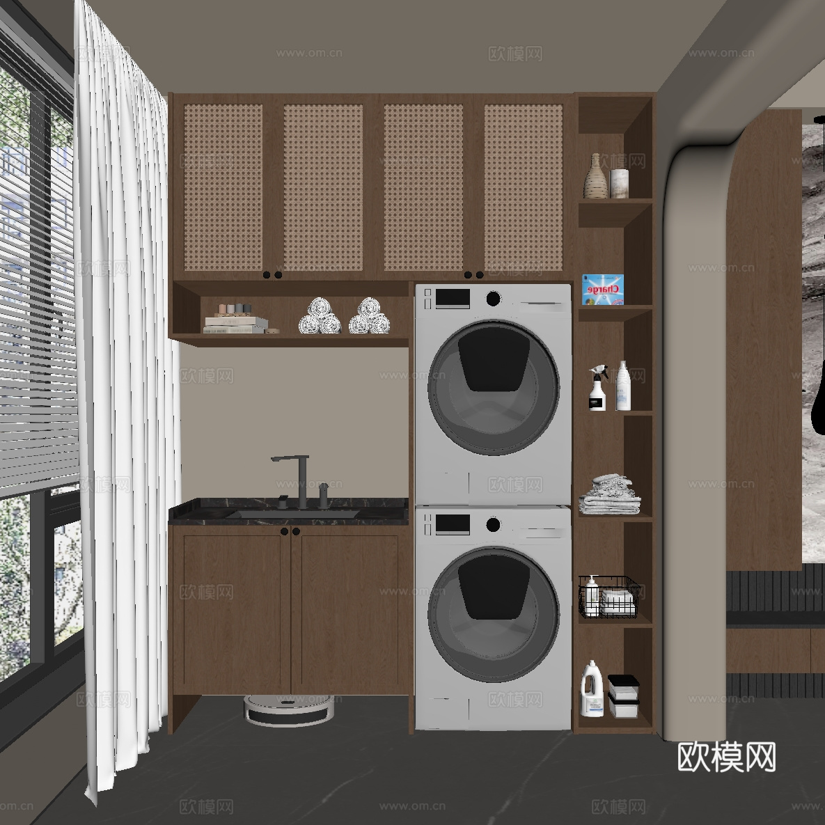 中古 新中式 洗衣机柜 阳台柜 储物柜 置物柜su模型