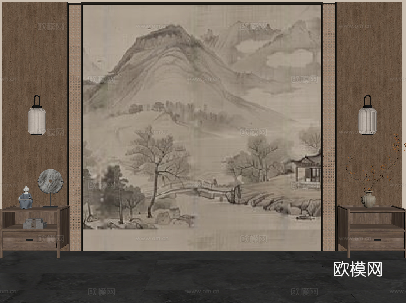 21新中式背景墙 床头柜su模型