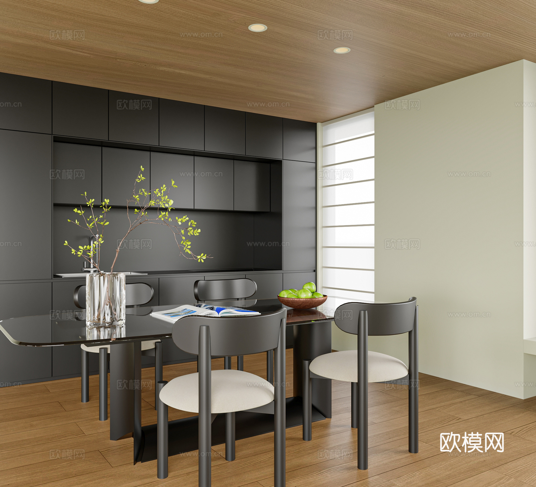 现代简约餐厅 餐桌椅组合 餐边柜3d模型