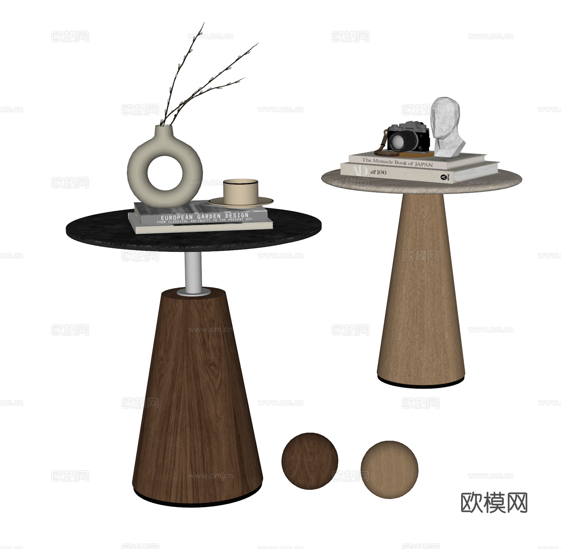 现代中古风边几组合 摆件 茶几 小圆桌 小茶几 咖啡桌 实木su模型