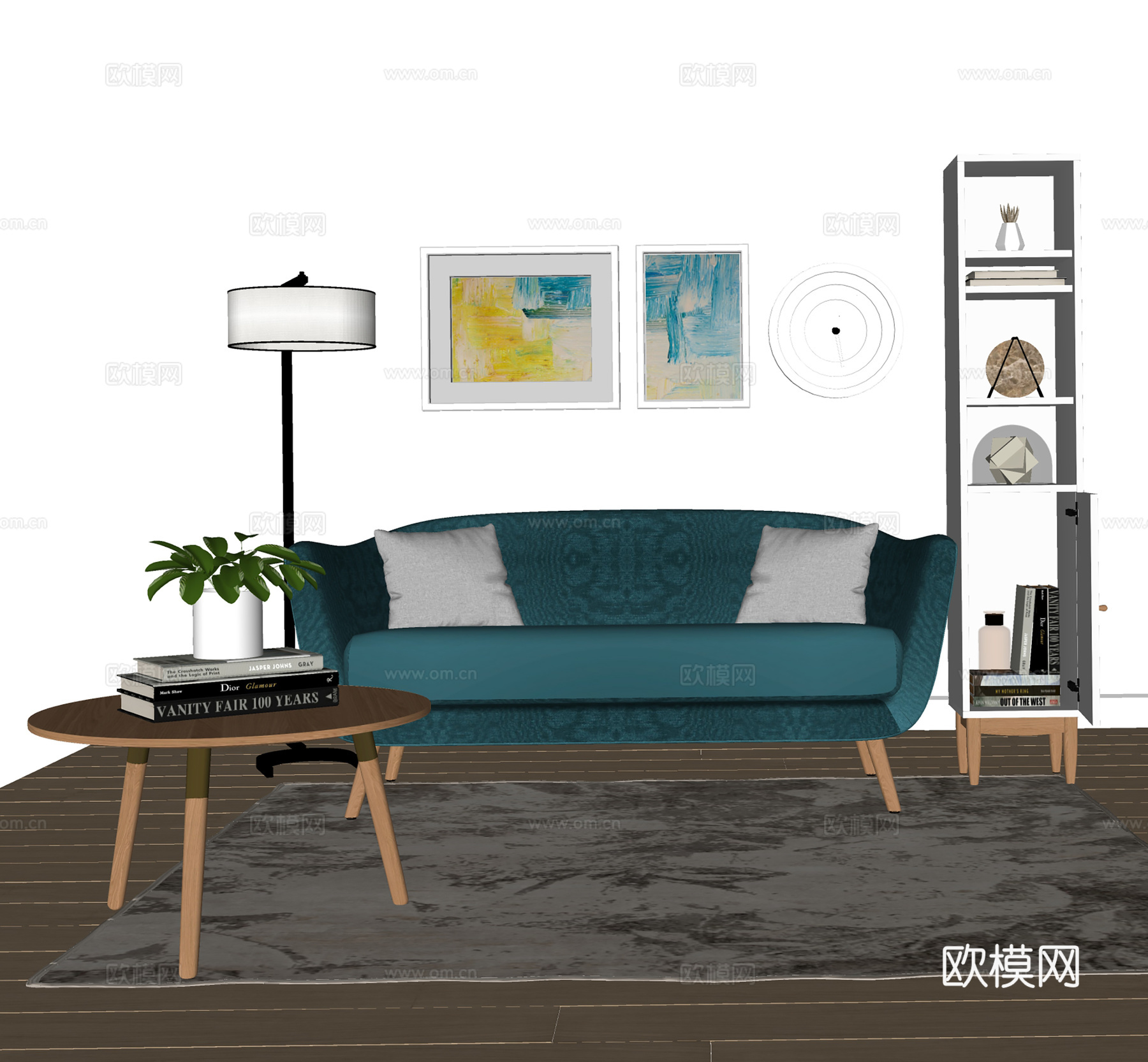 现代轻奢沙发茶几组合  贵妃椅 落地灯挂画su模型