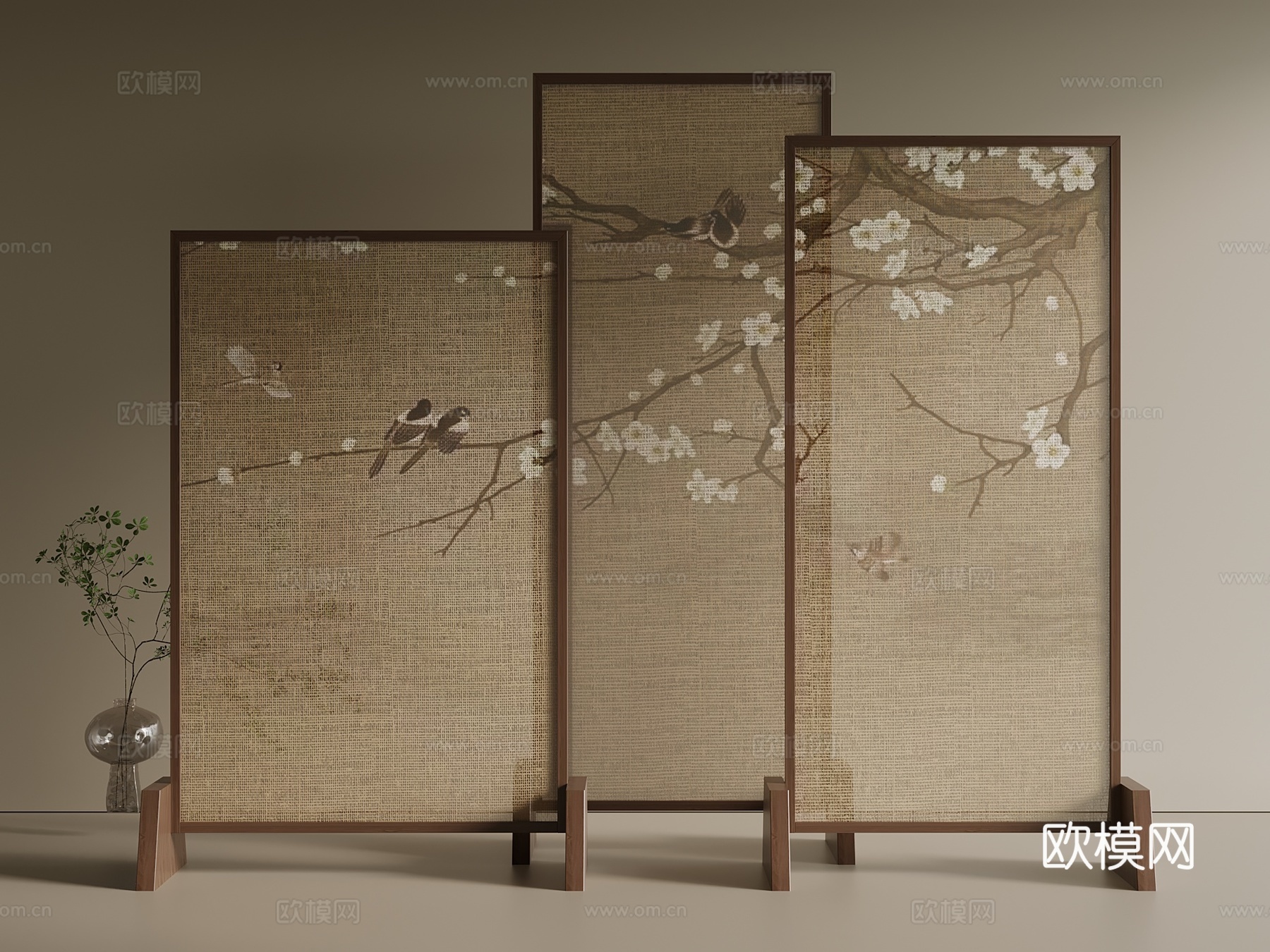 新中式 中古 屏风 木屏风su模型