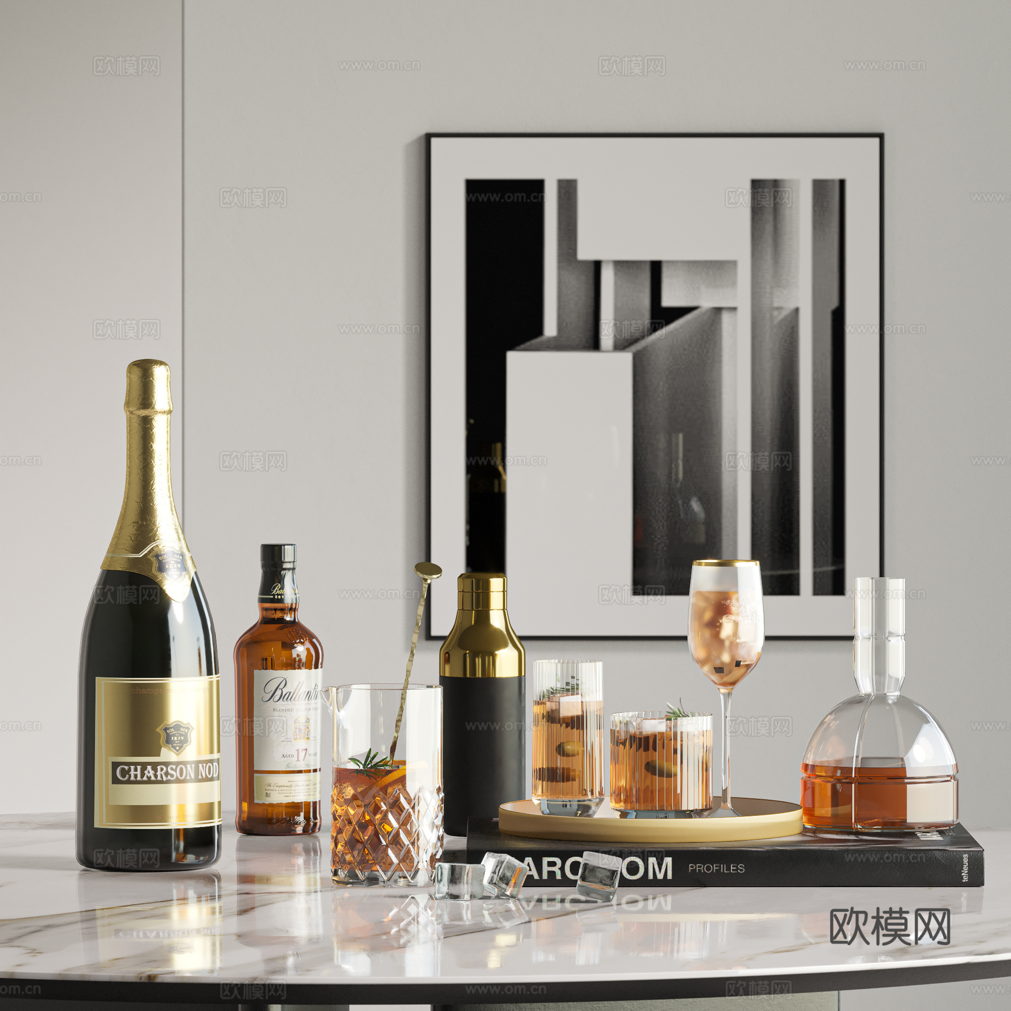 现代酒水酒具 酒瓶 酒杯 红酒 马天尼 洋酒 玻璃杯 高脚杯3d模型
