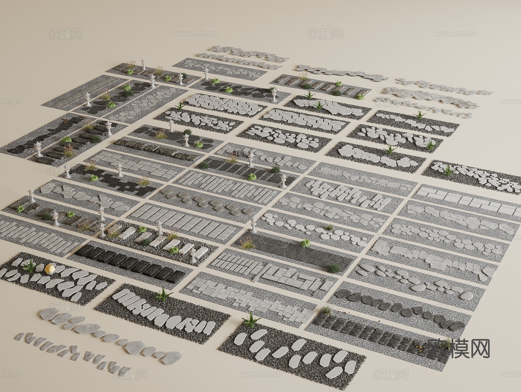 新中式汀步 青石板 景观园路 景观铺装 园林铺装 碎石铺路3d模型