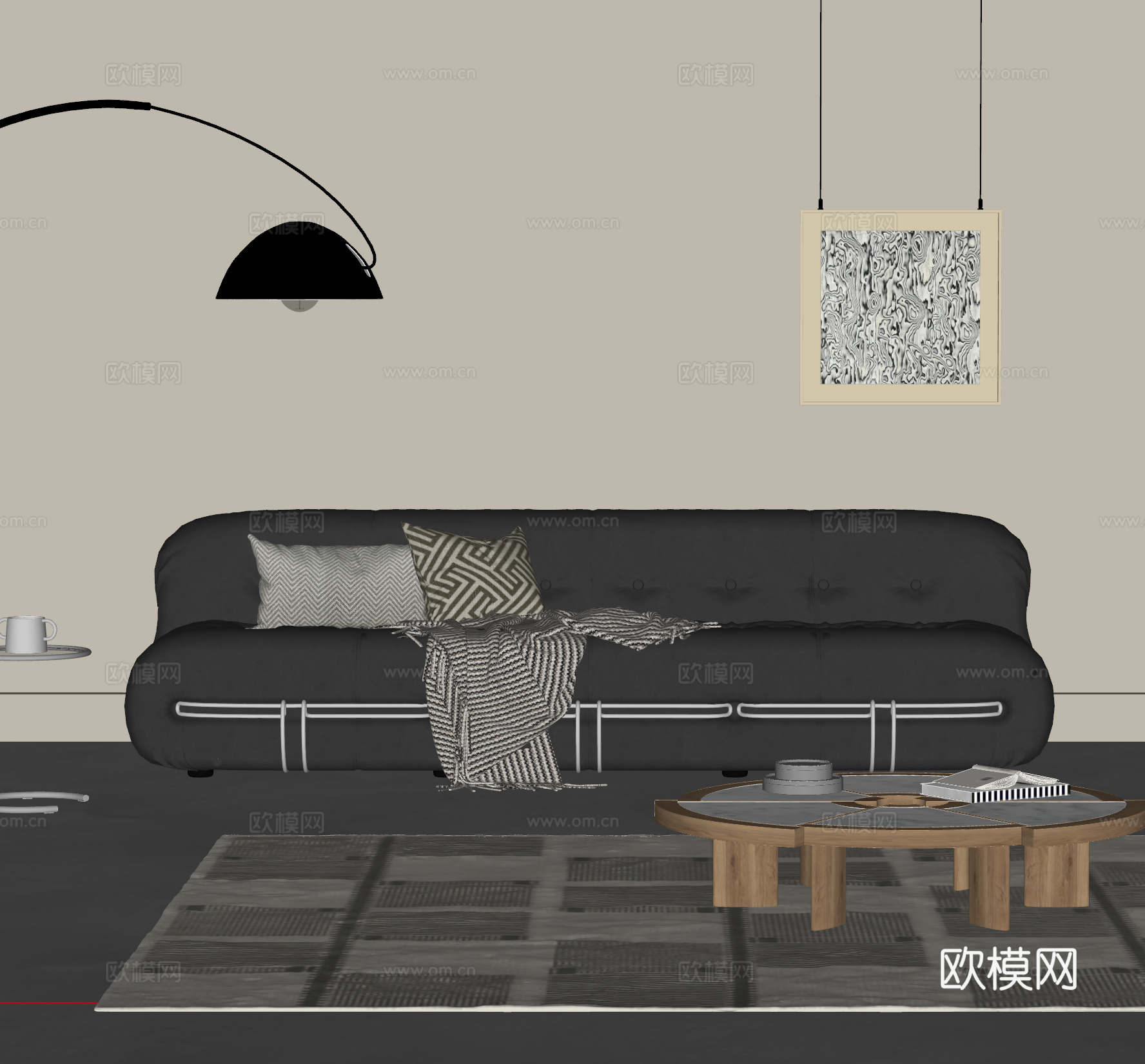 cassina 现代中古风沙发茶几组合  三人沙发 钢牙沙发su模型
