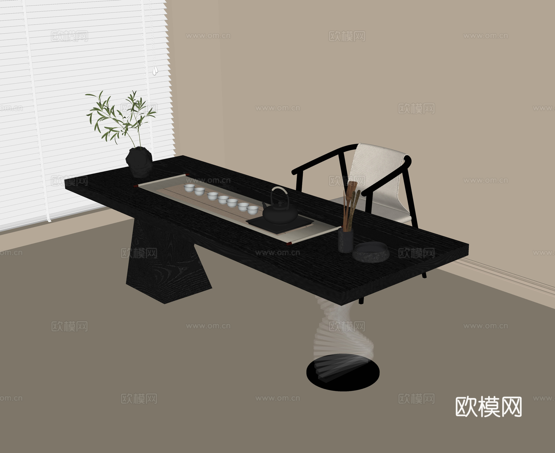 现代茶桌椅 茶桌 书桌椅 茶具su模型