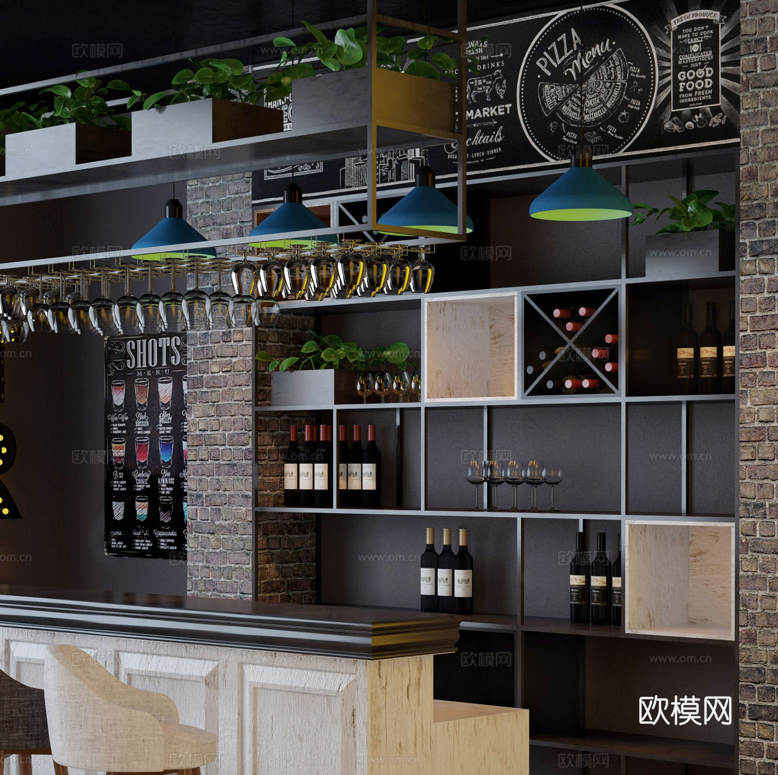 简欧酒吧  水吧区 酒柜酒水 吧台吧椅su模型