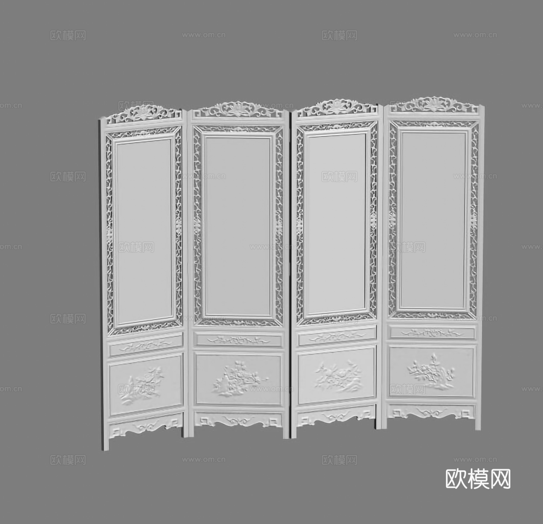 中式四扇屏风 折叠屏风 刺绣 雕花浮雕 实木红木3d模型