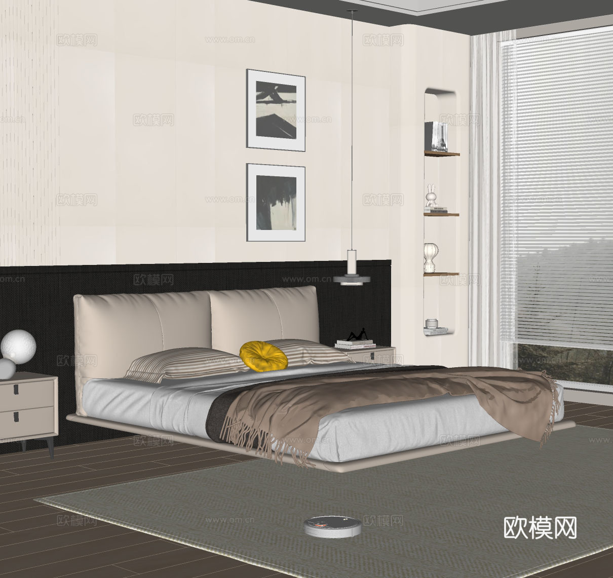 现代意式双人床悬浮床皮质床su模型