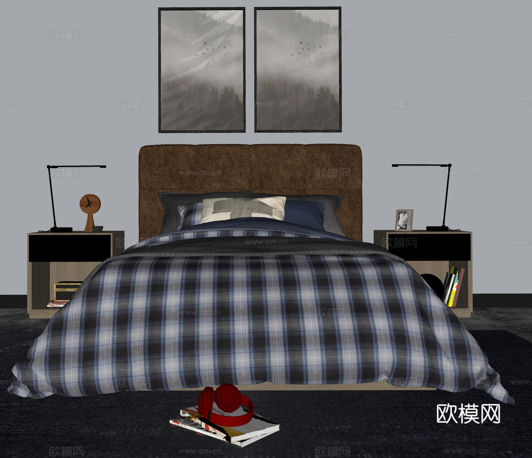 现代双人床 床头柜台灯组合  挂画su模型