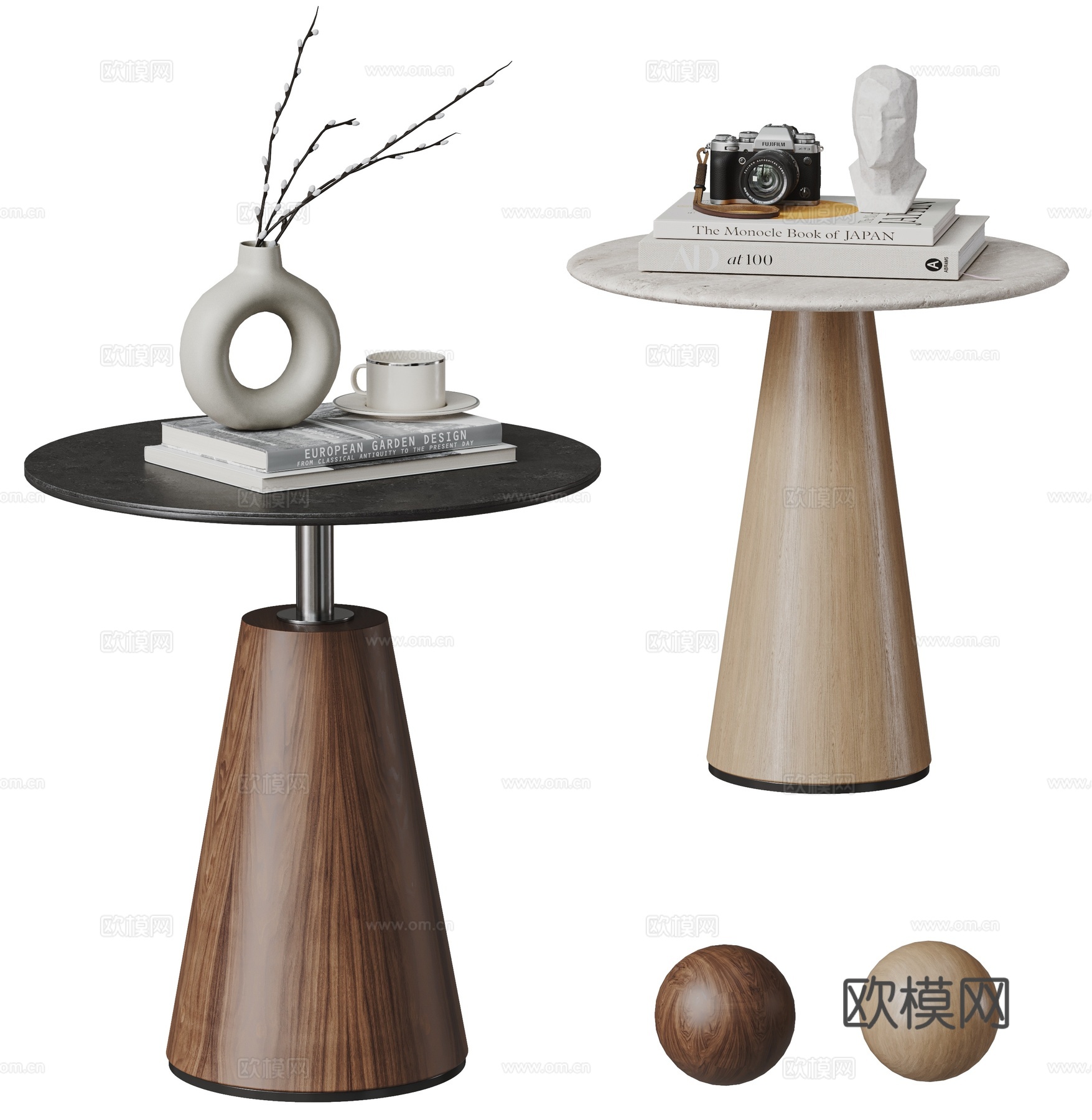 现代中古风边几组合 摆件 茶几 小圆桌 小茶几 咖啡桌 实木3d模型