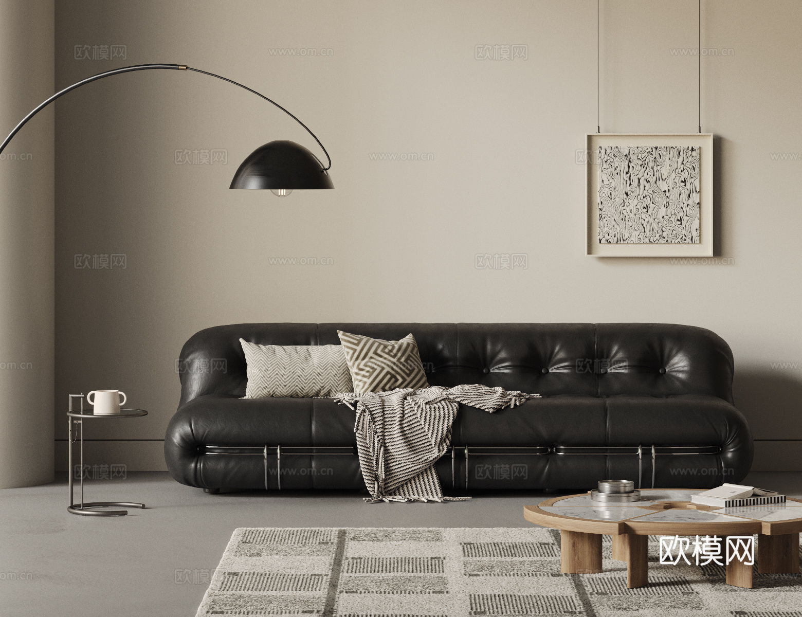 cassina 现代中古风沙发茶几组合  三人沙发 钢牙沙发3d模型