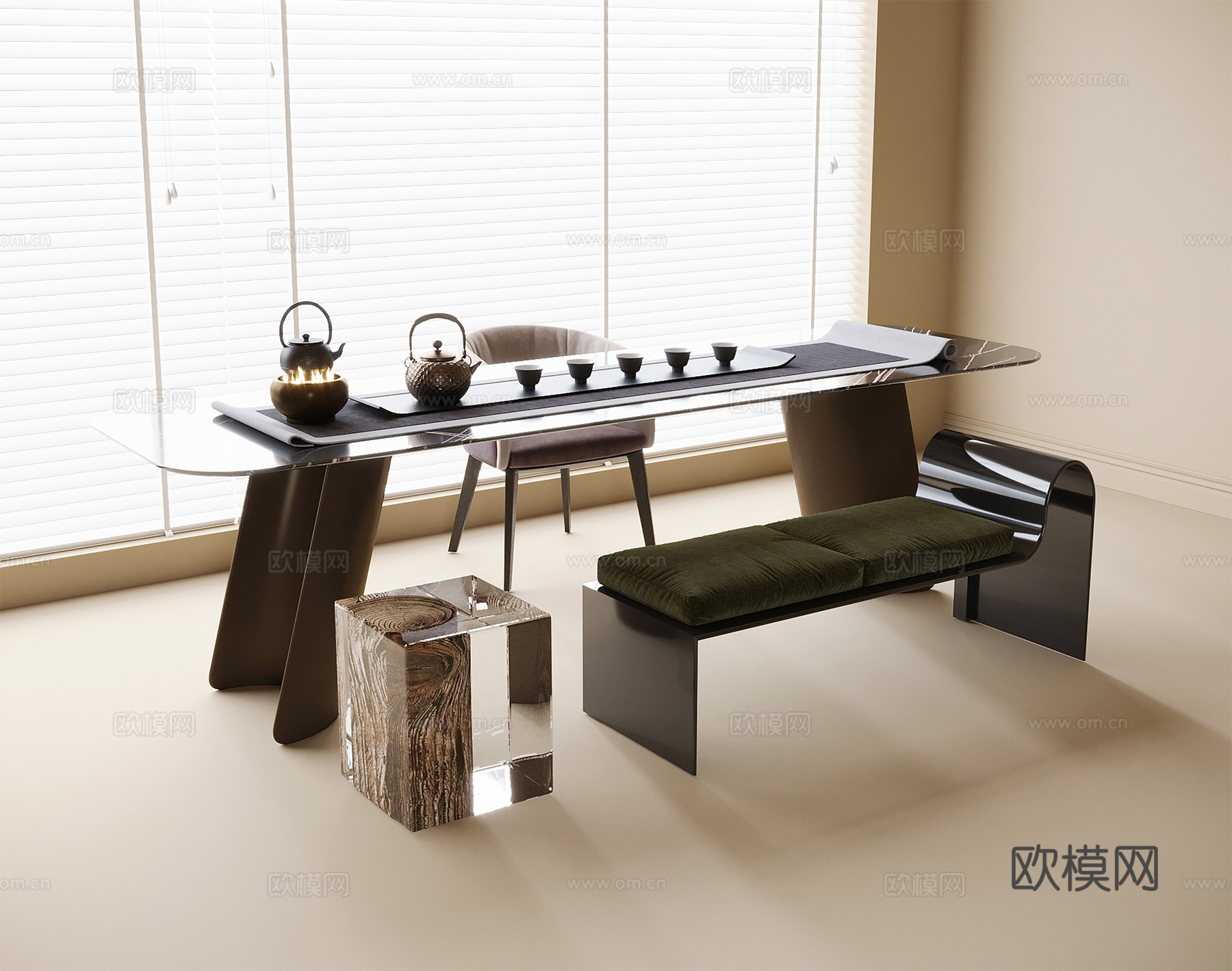 现代茶桌椅 书桌椅 凳子 茶具3d模型