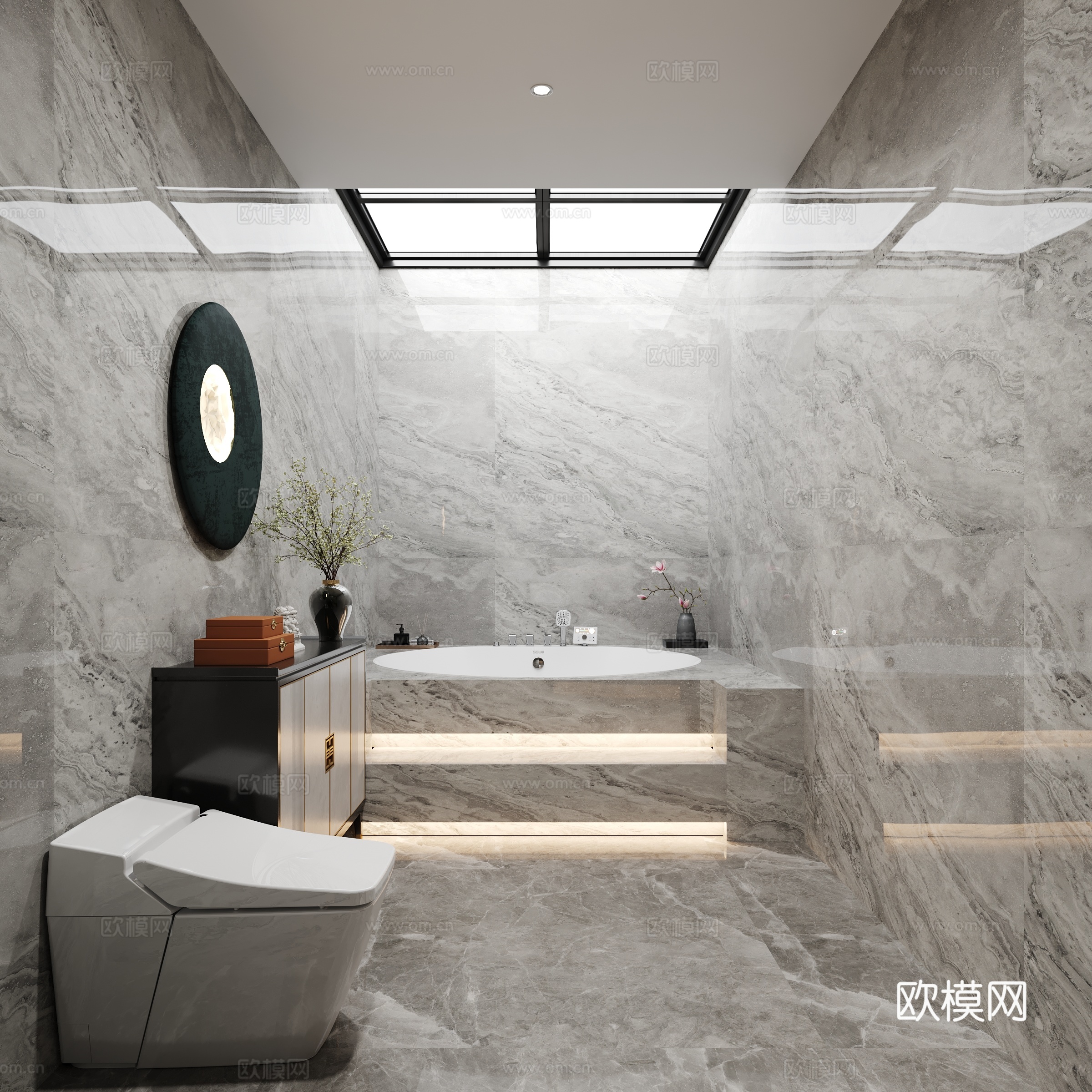 新中式卫生间马桶玄关柜边柜摆件墙饰圆形浴缸植物3d模型